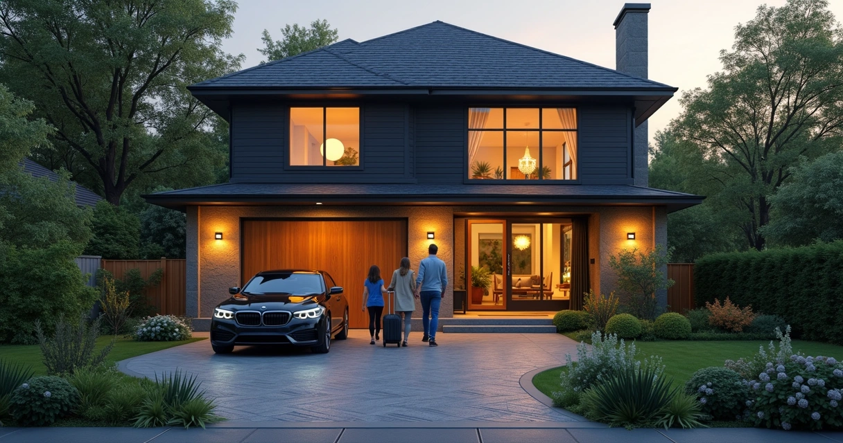 Modern home with a family checking into the front door 