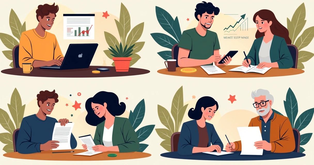 Collage of modern investors engaging in different investment activities, using laptops, phones and paper notes.