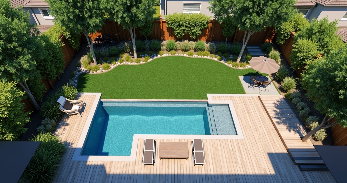 3D landscape design project overview with patio, pool, and lawn