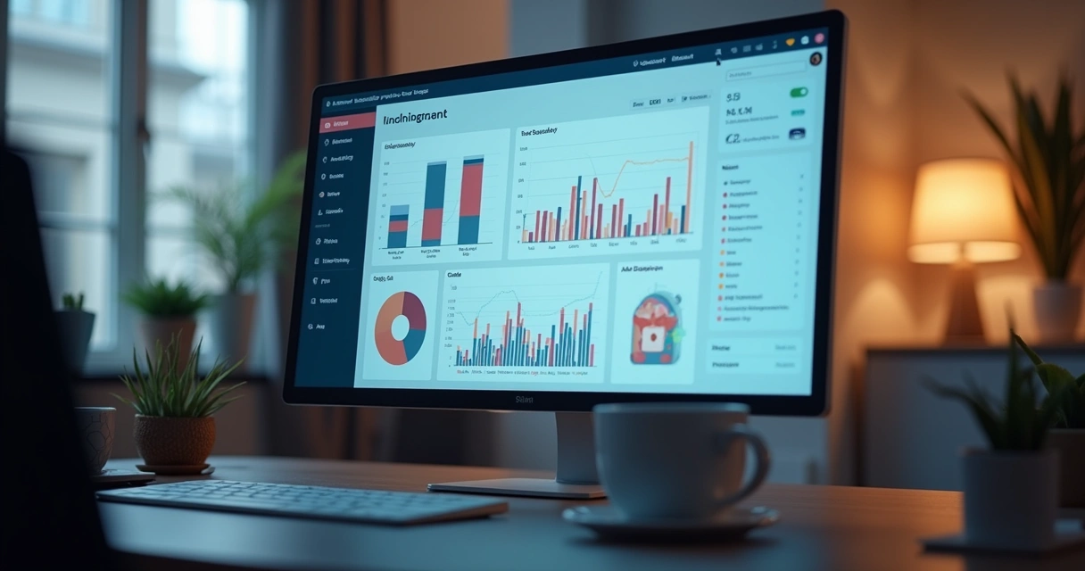 Modern Laravel admin dashboard on a monitor with code snippets and project charts. 