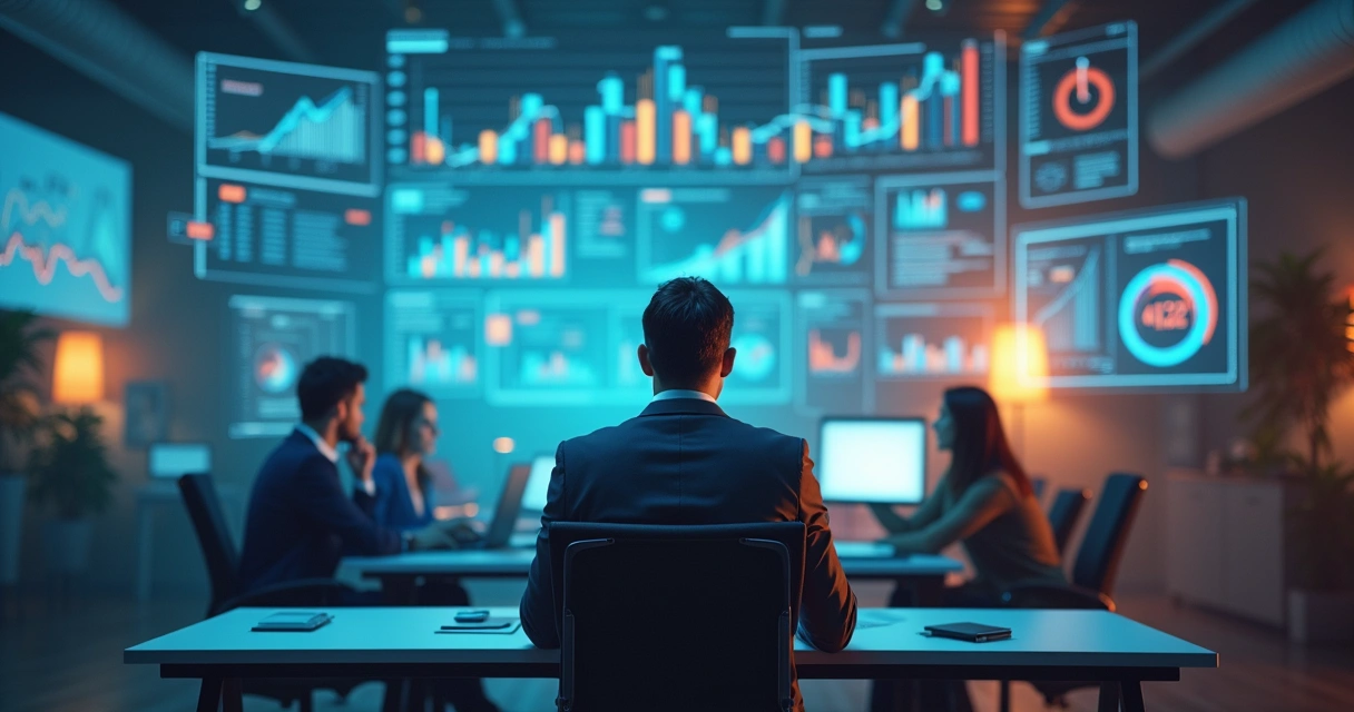 Business leader at a desk, looking stressed amid digital graphs and colorful infographics 