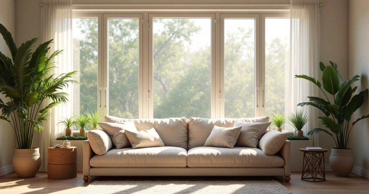 Modern living room with plants, soft light, and natural decor