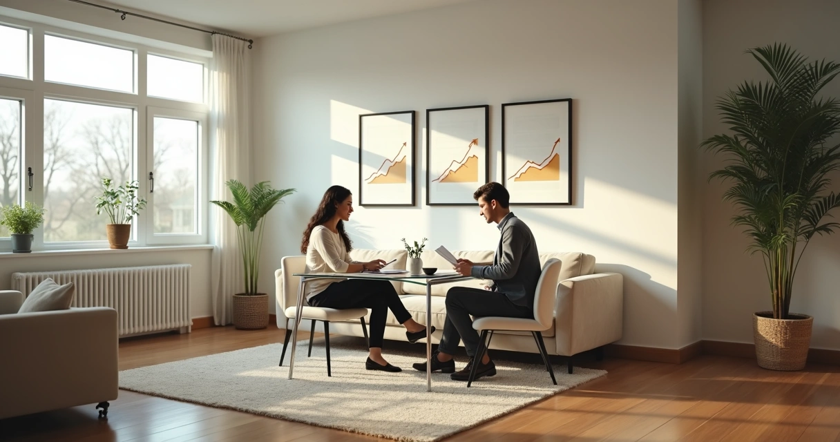 Bright living room with modern furniture, large windows, and sunlight highlighting hardwood floors 