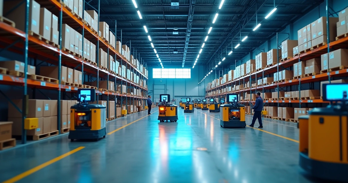 Modern logistics facility with robotics and inventory shelves 