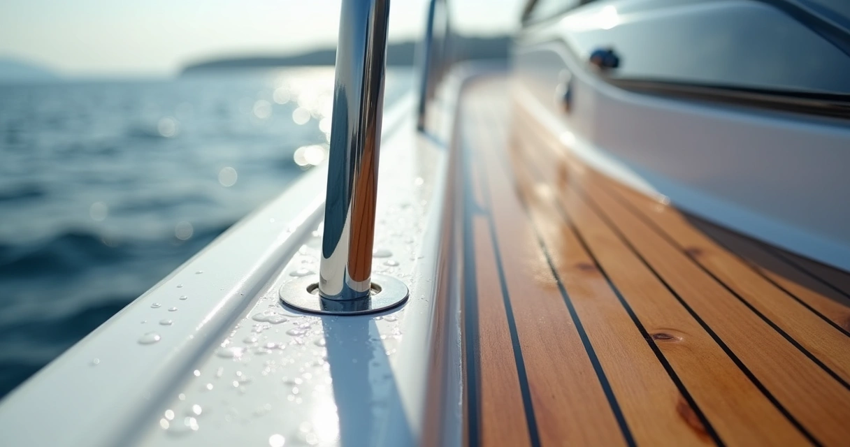 Luxury boat deck detail with stainless rail and wood finish 