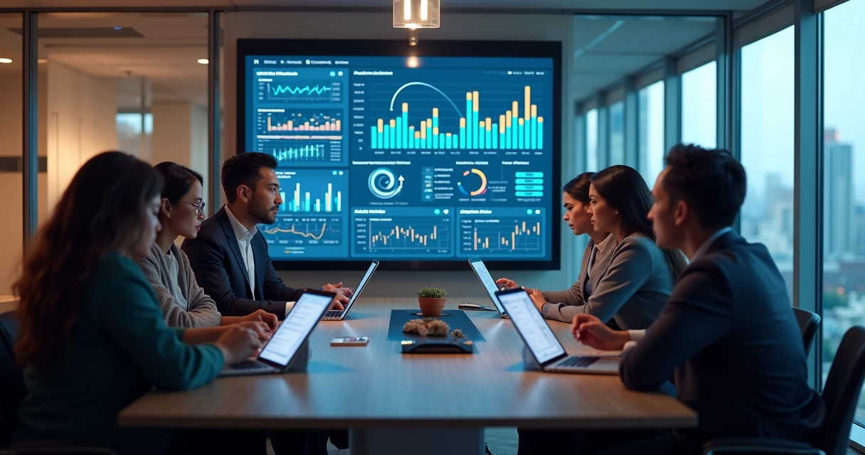 Marketing team in front of a large dashboard with graphs 