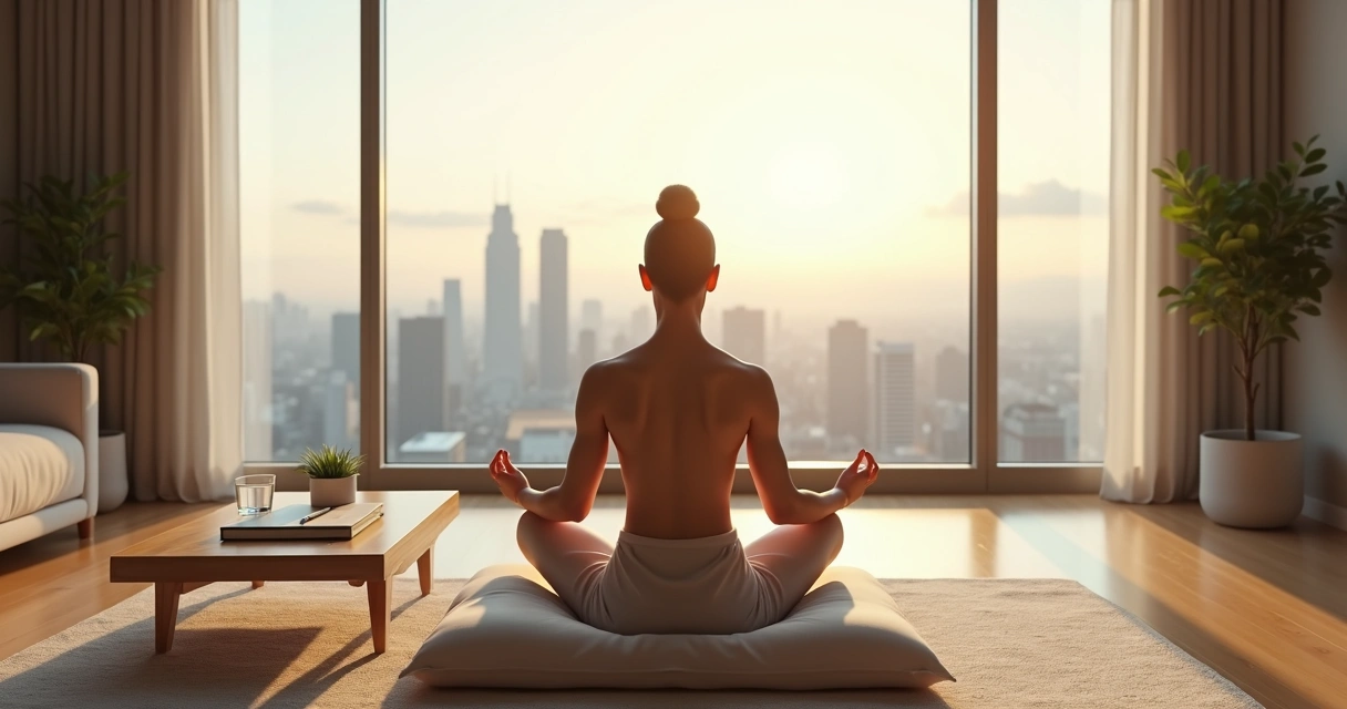 Person meditating by large window overlooking modern city at sunrise 
