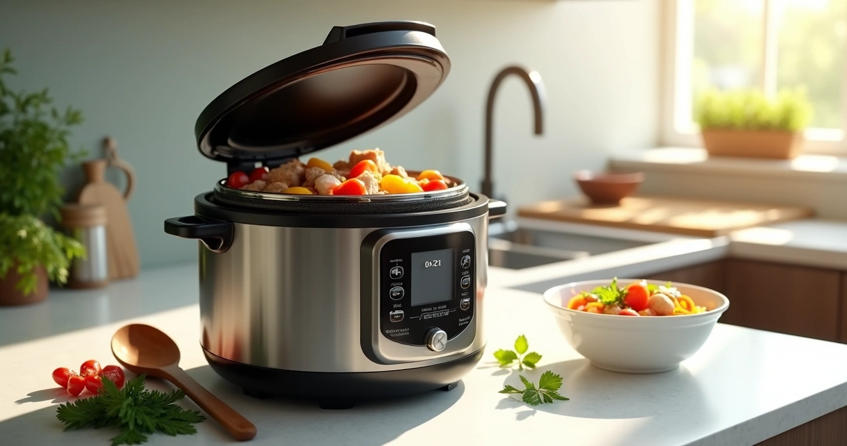 Modern multi-cooker on kitchen counter filled with stew ingredients 