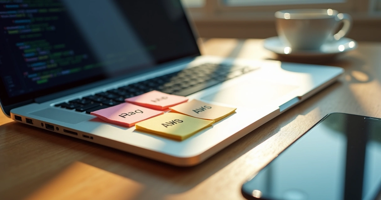 Post-it notes with names of popular MVP tech stacks arranged on a laptop