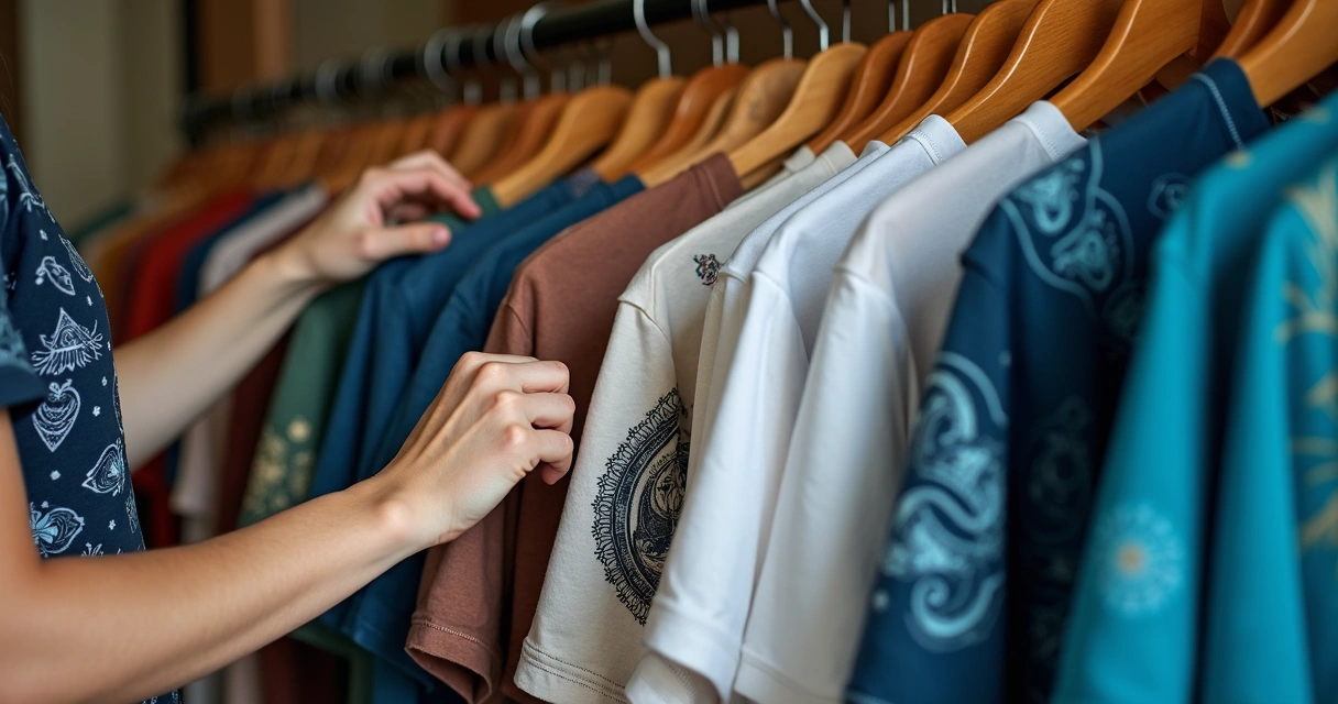Close-up of hands selecting shirts with mystical symbols 