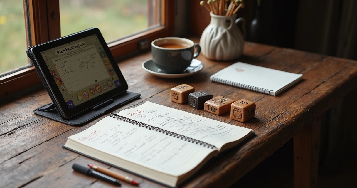 Modern desk with rune tools and digital tablet 
