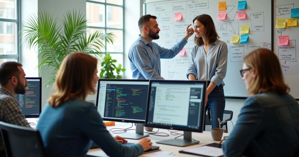 Team collaborating at computer screens with AI workflows displayed 