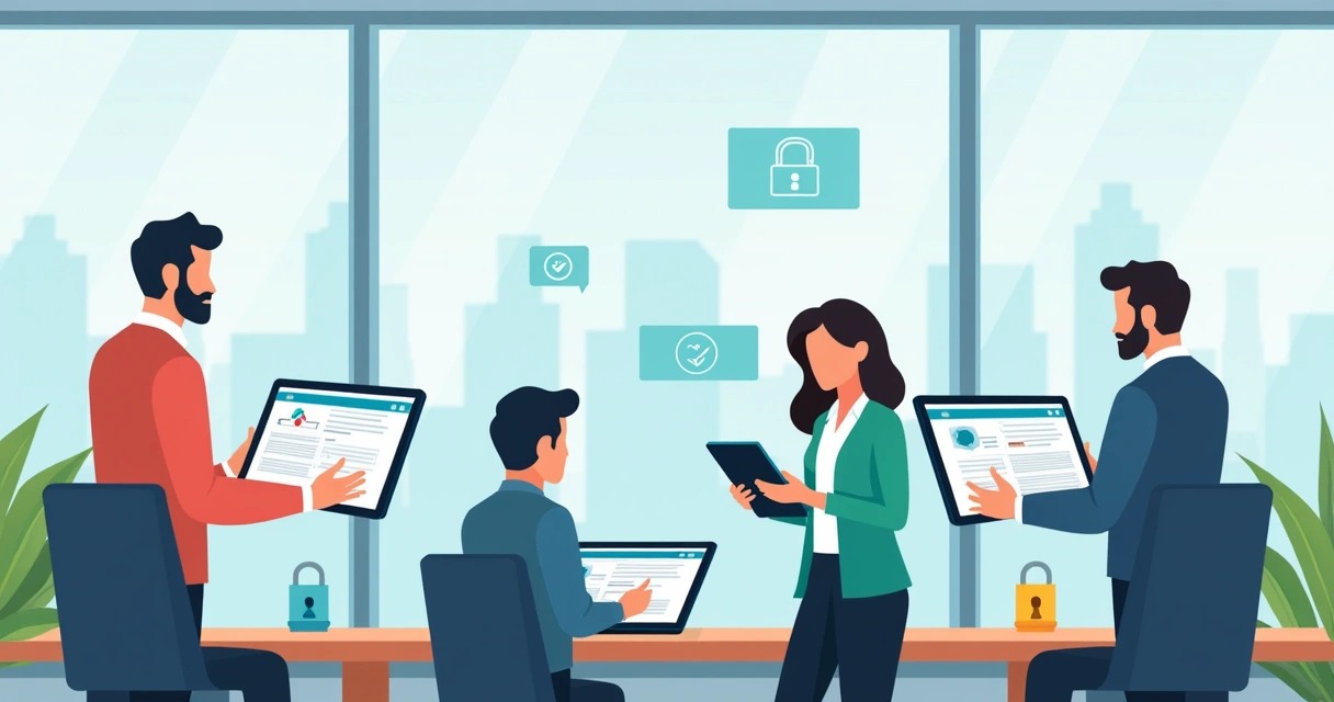 Business people using tablets to sign digital contracts in modern office 