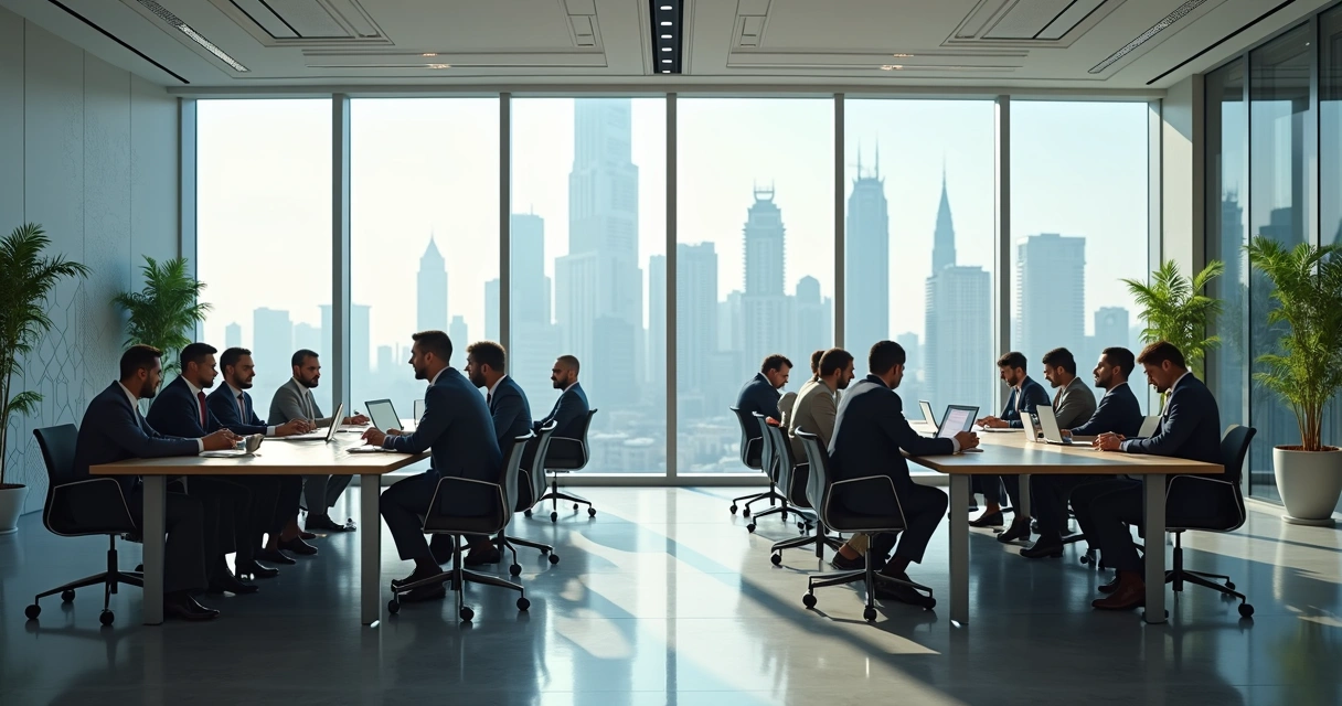 Spacious office in Middle East with glass walls, professional staff at desks, diverse team discussing around conference table 