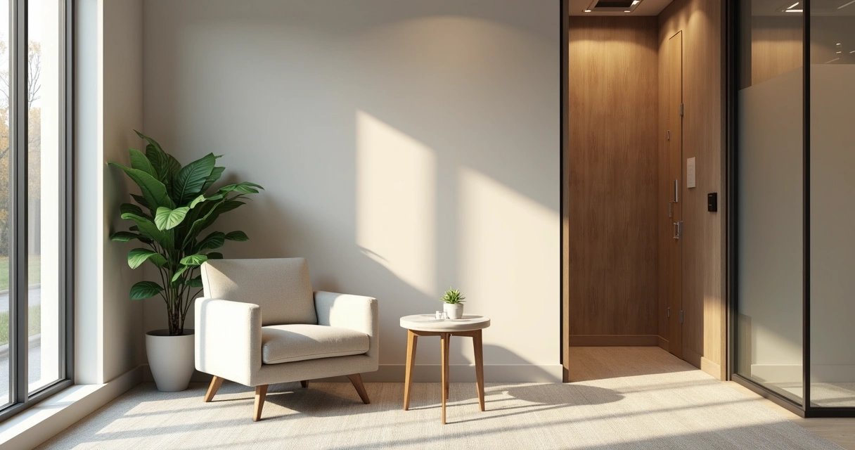 Reflective corner in an office with lounge chair, small table, and plant 
