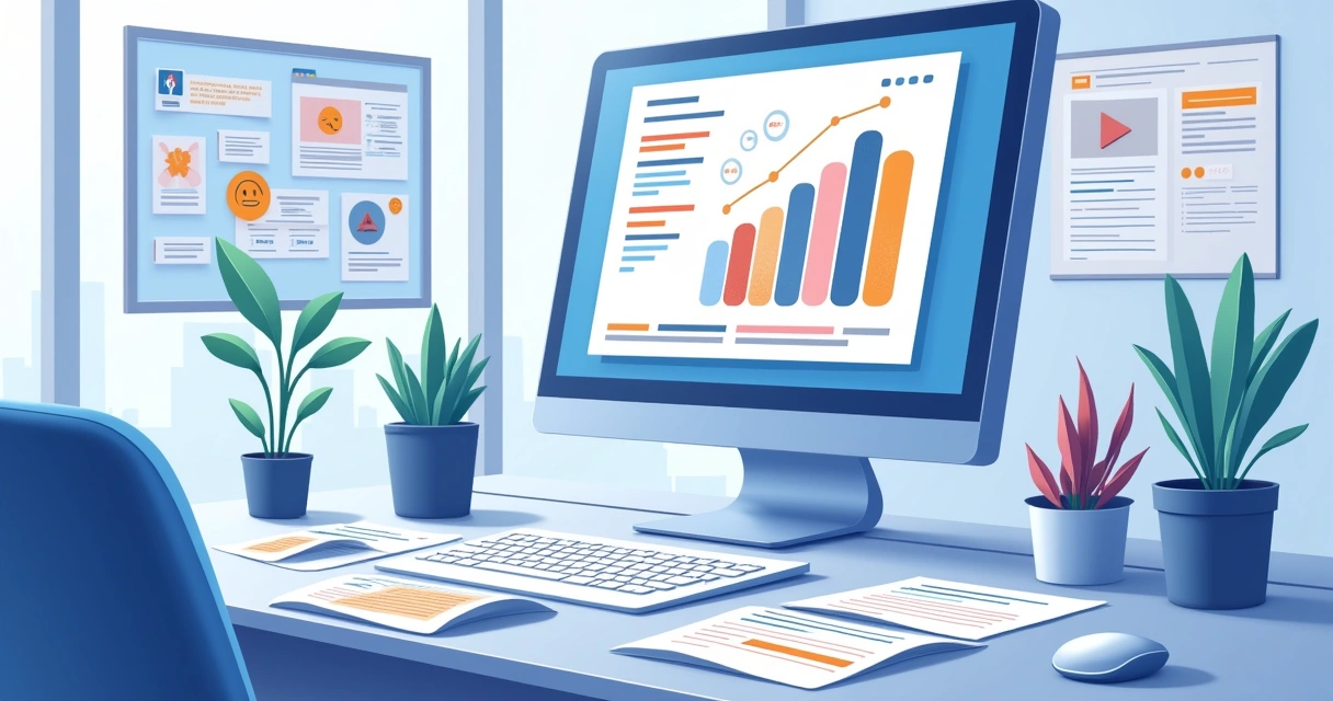 Modern office workspace illustrating text classification with computer displaying sentiment analysis graphs.