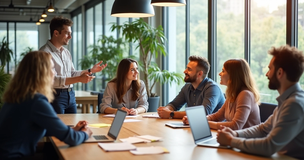 Team gathering for feedback session in office 