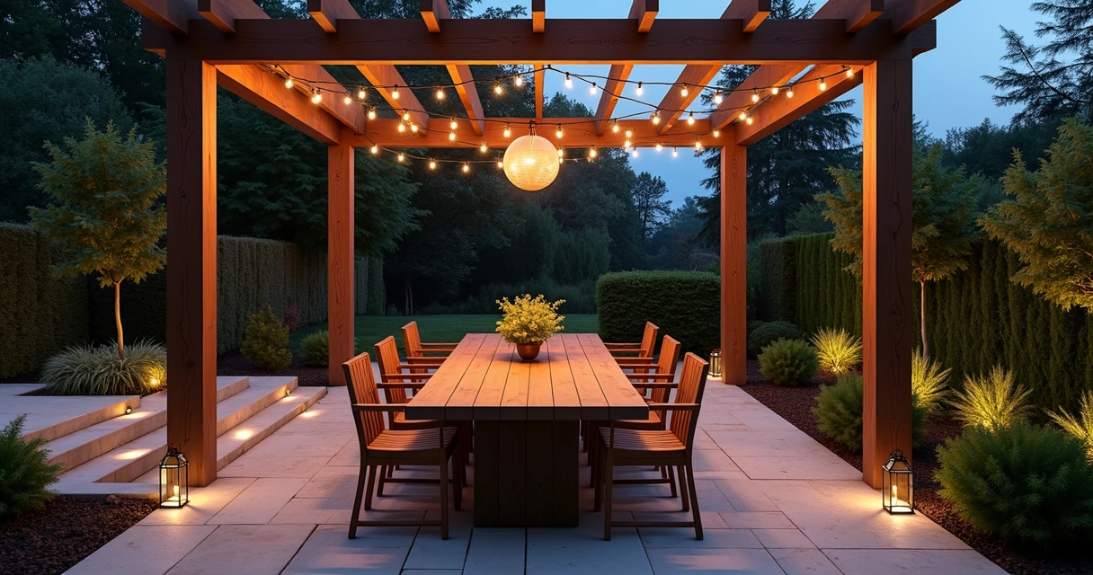 Outdoor dining table with modern LED lighting and greenery 
