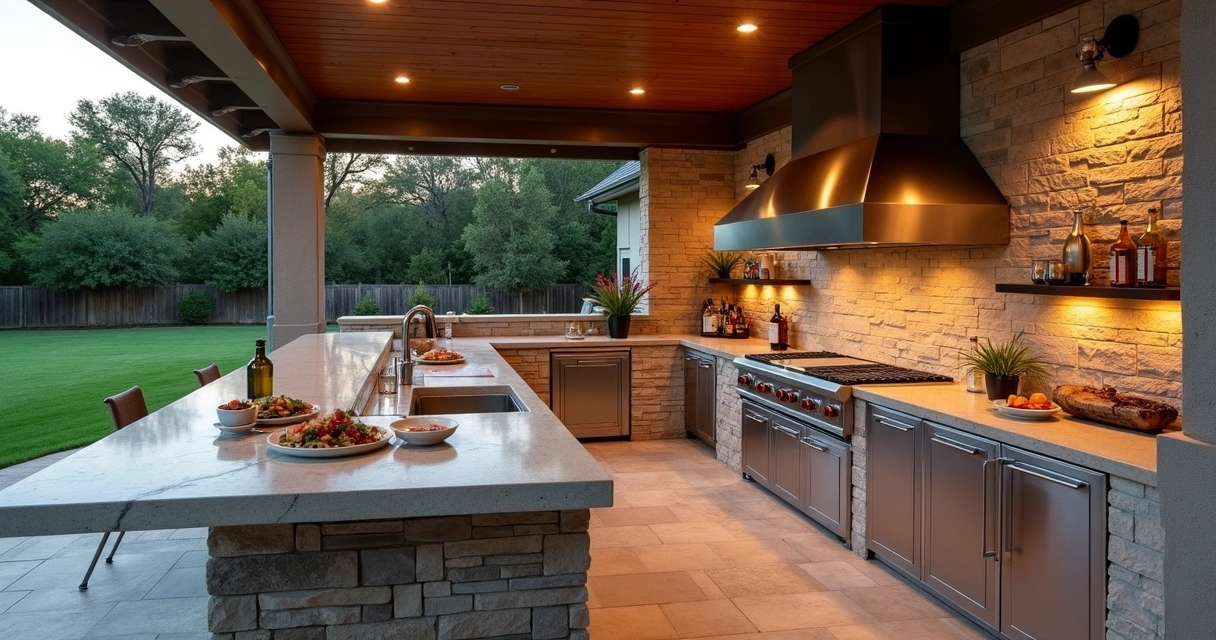 Modern outdoor kitchen with grill and seating 