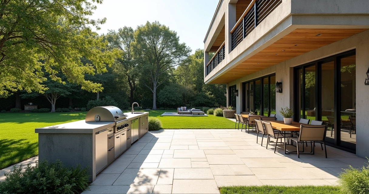 Modern outdoor kitchen with pavers, landscaping and seating, optimized airflow 