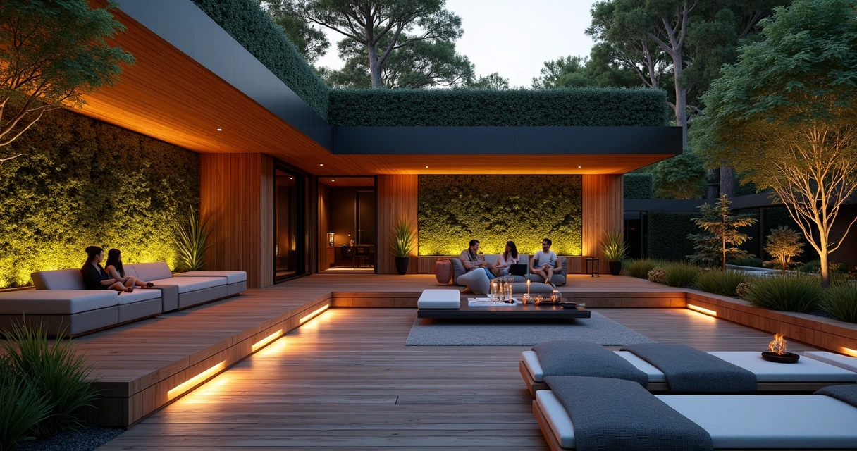 Modern outdoor lounge at dusk with soft lighting and greenery