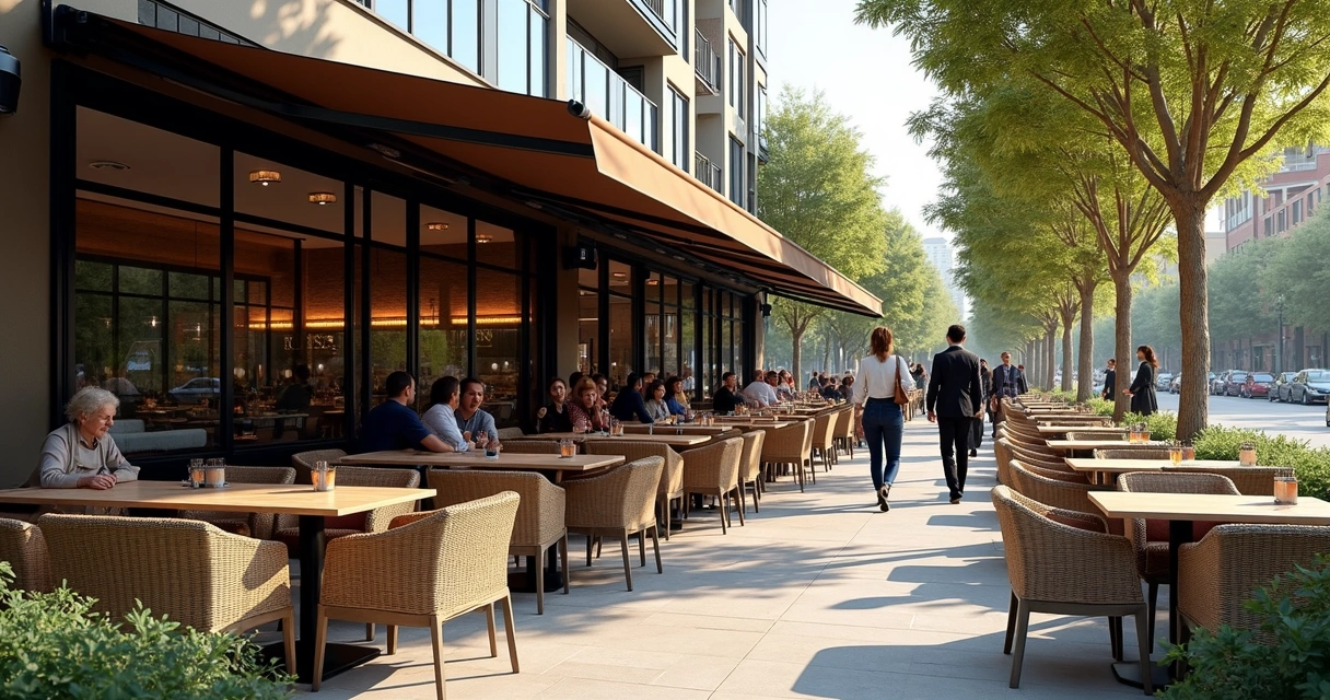 Modern patio with retractable awning and outdoor heating