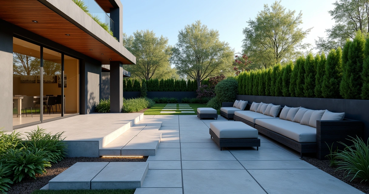 Minimalist backyard patio with composite decking and outdoor seating