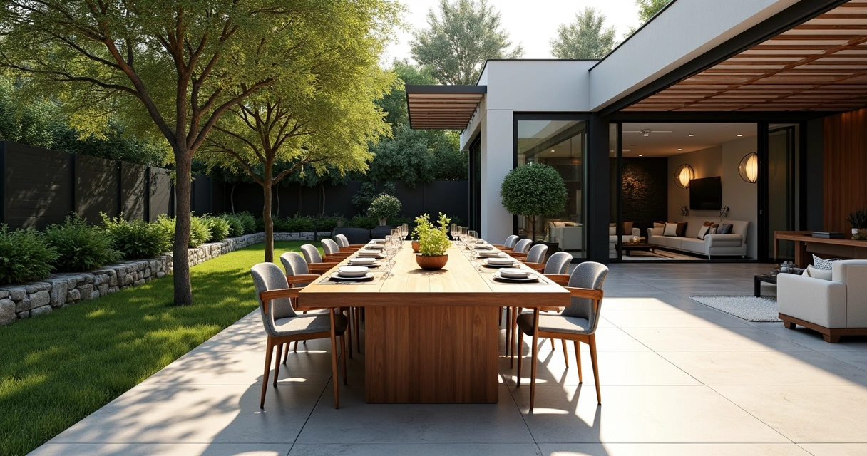 Modern backyard patio with large table, stylish seating, and lush plants
