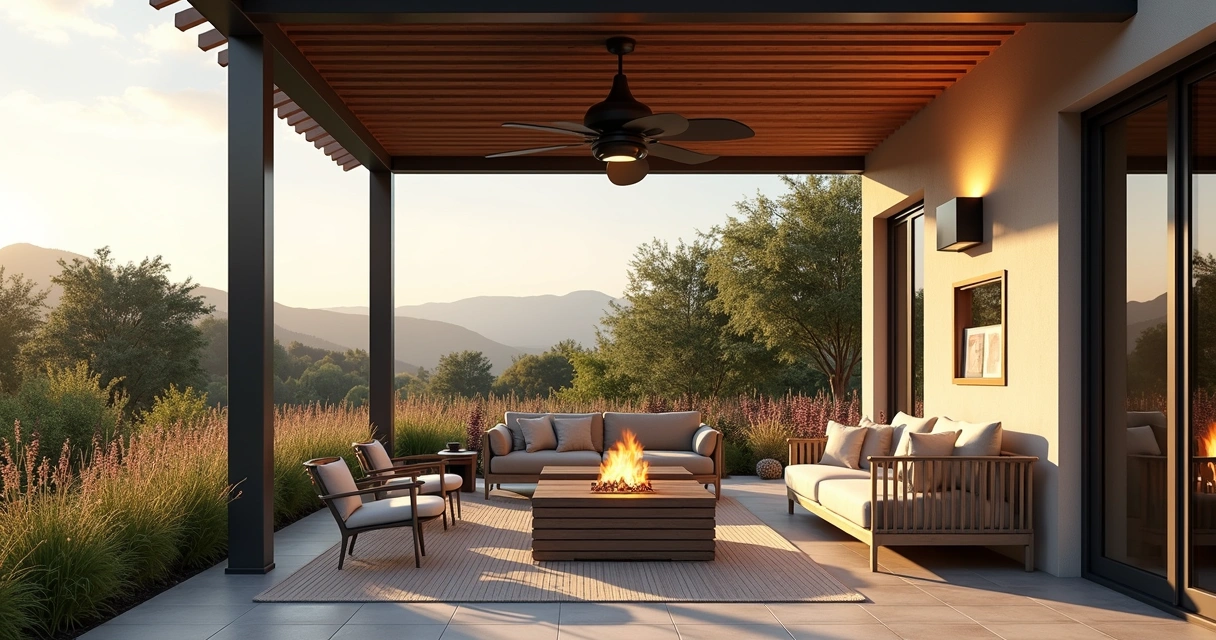 Modern outdoor deck with ceiling fan and sleek patio heater 