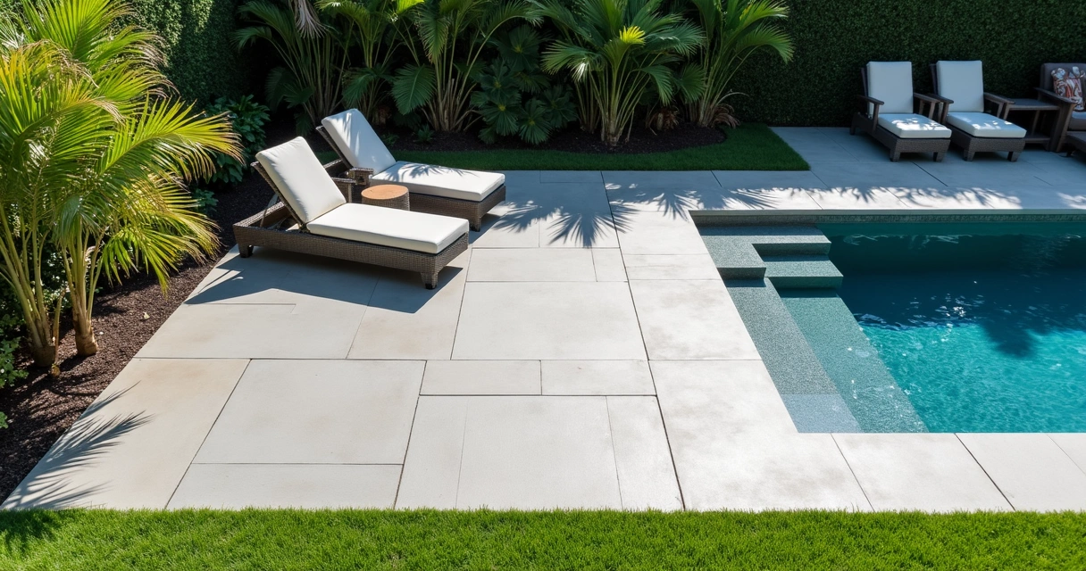 Modern finished patio in Orlando showing seamless fiber-reinforced surface surrounded by lush landscape 