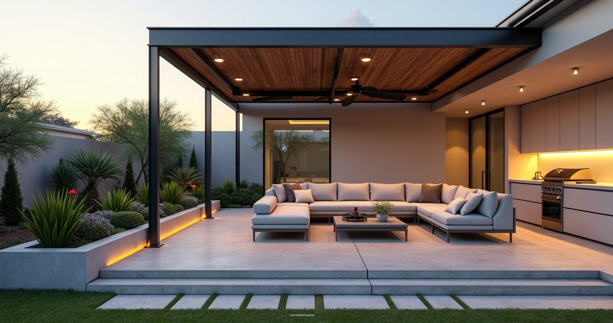 Modern Florida patio seating area with hidden utility conduits under raised deck and planter 