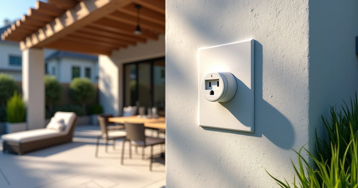 Outdoor patio corner with modern power outlet installed near stone seating area under a pergola in bright daylight 