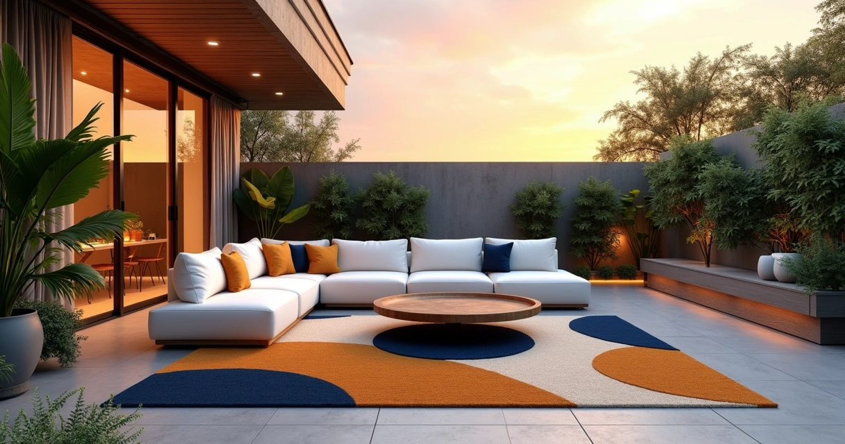 Contemporary outdoor lounge with abstract rug, white sofa, greenery 