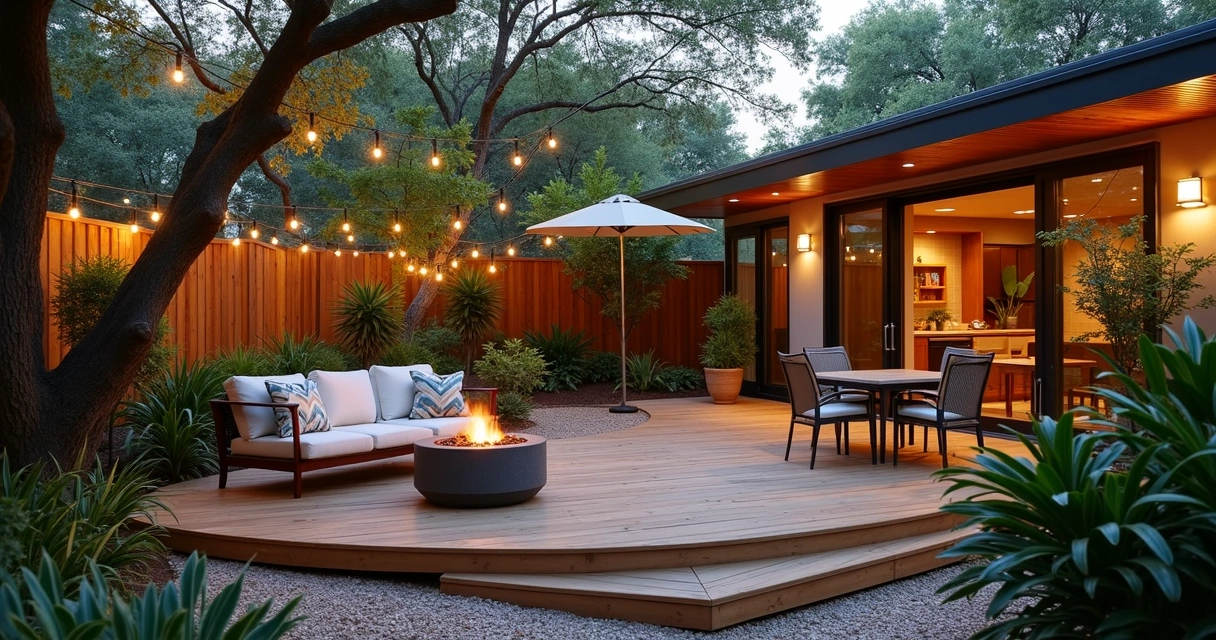 Modern patio with seating, greenery, and wooden deck in a rental property backyard
