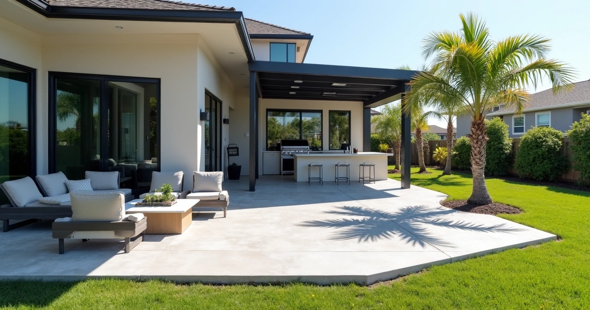 Modern patio slab with integrated summer kitchen and lanai enclosure.