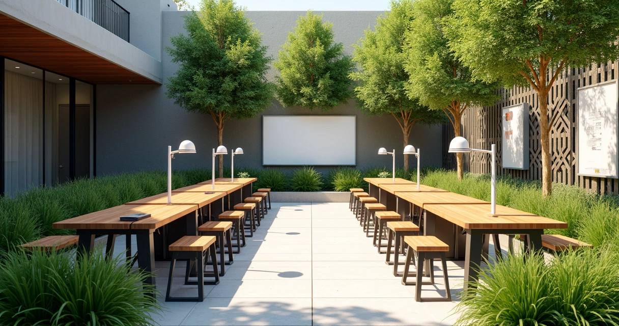 Modern patio with study desks and green surroundings