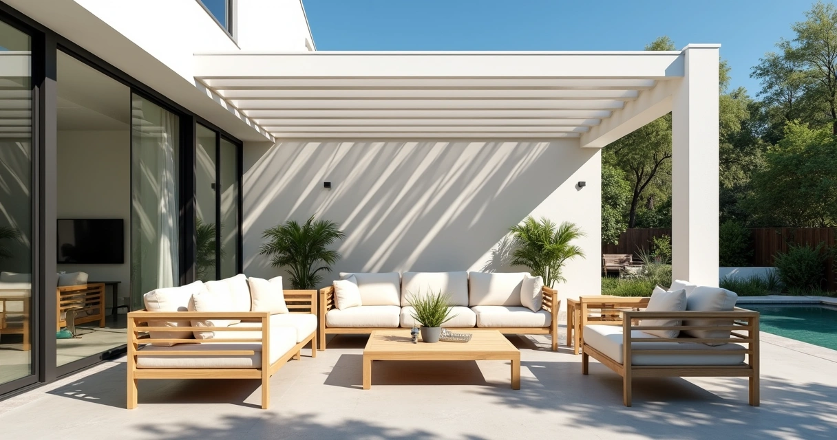 Modern patio with light-colored, heat-resistant furniture in Austin 