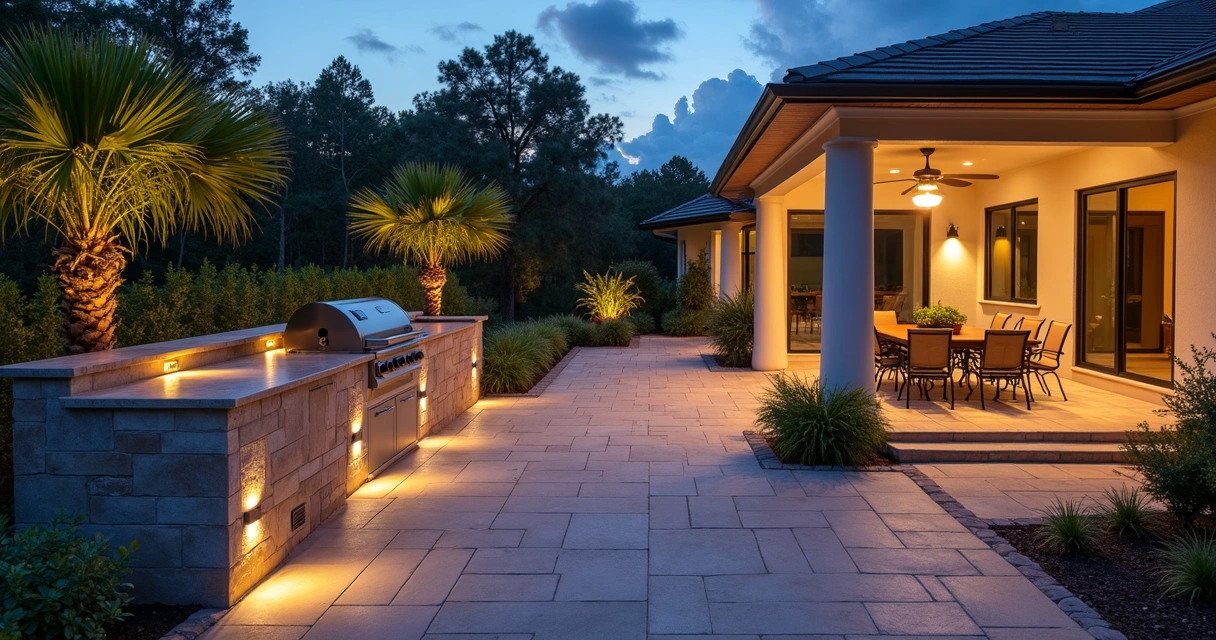Evening view of modern outdoor kitchen on brick patio 
