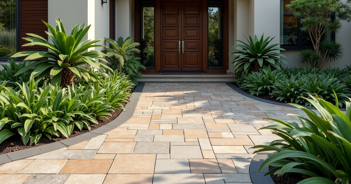 Geometric modern paver patterns with varied earth tones