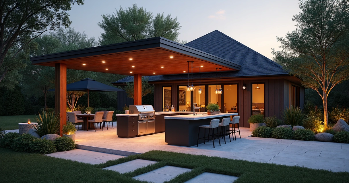 Modern pergola in Austin backyard with luxury seating and outdoor kitchen 