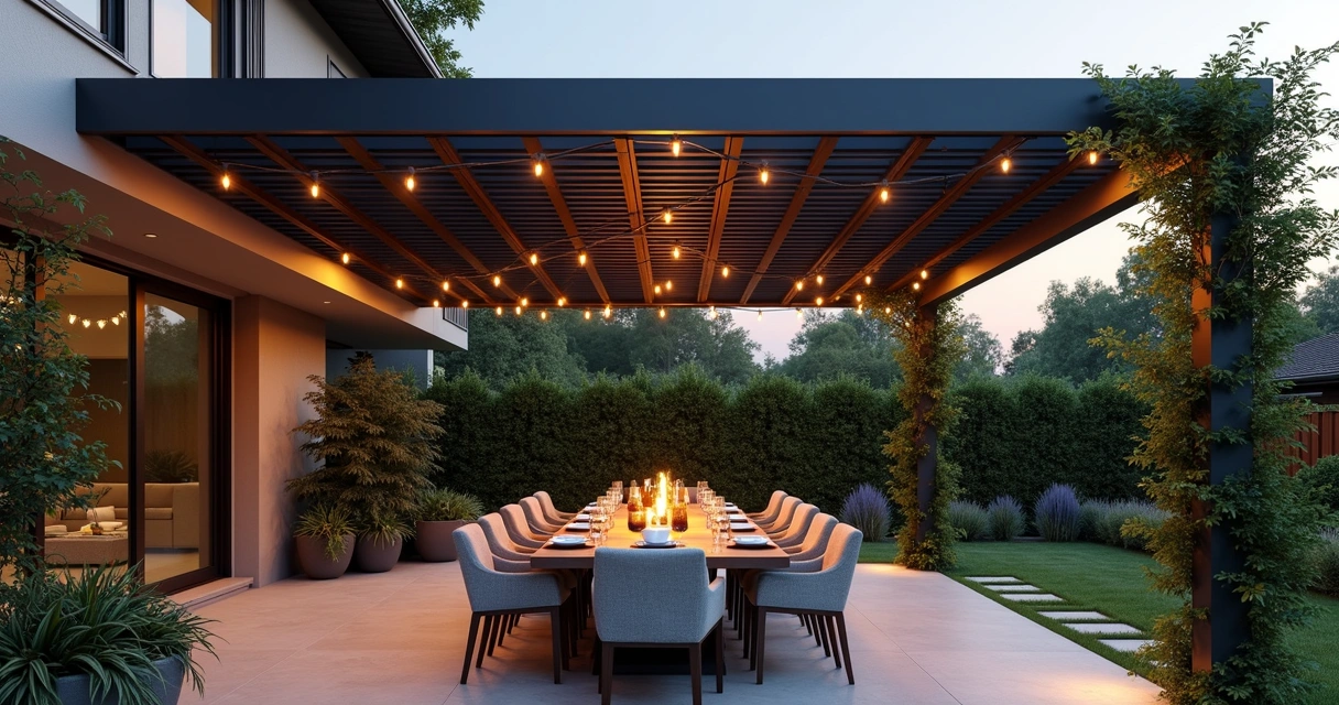 Outdoor dining area under a modern pergola with adjustable louvers 