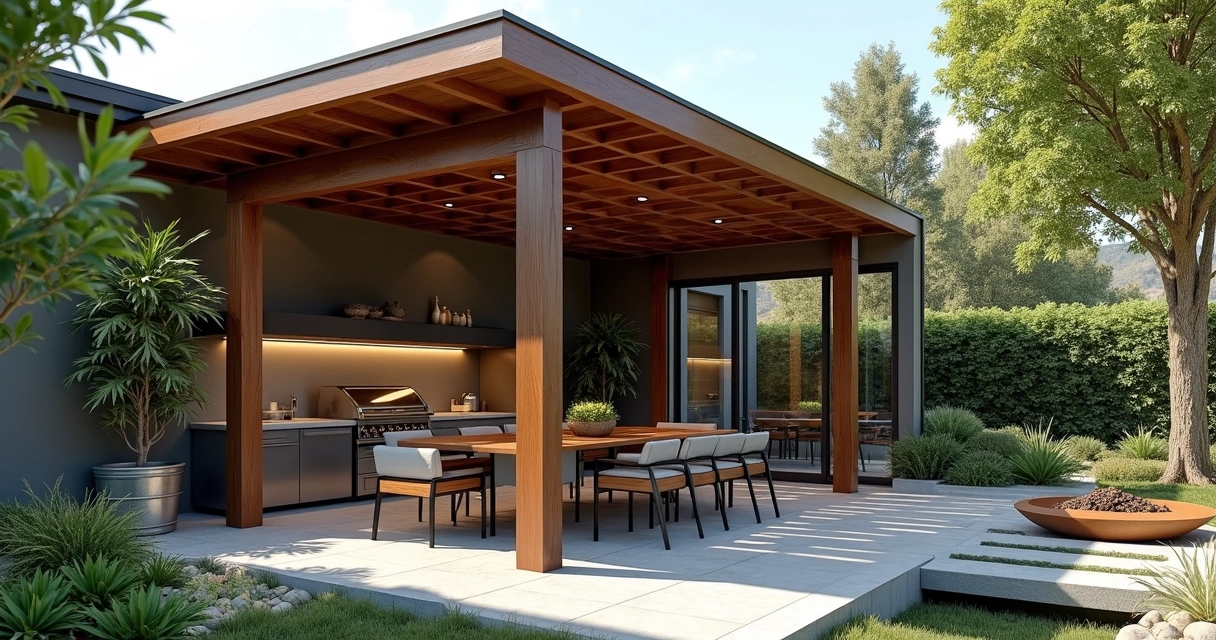 Pergola with built-in grill and modern outdoor lounge 
