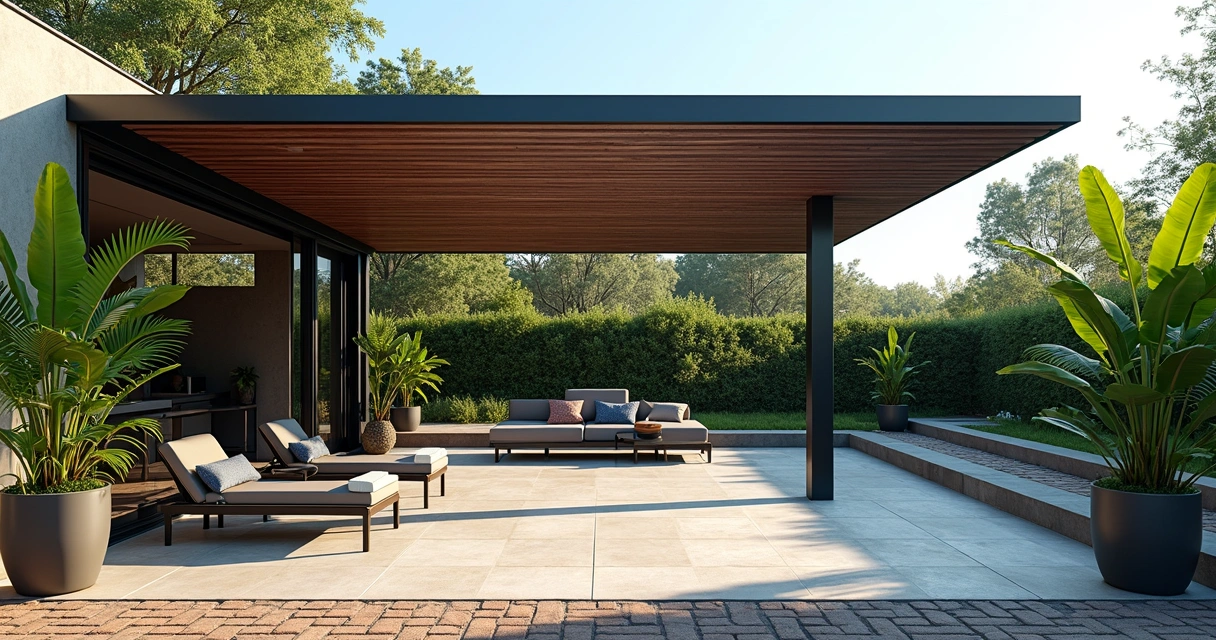 Modern pergola over concrete patio with plants in Orlando 