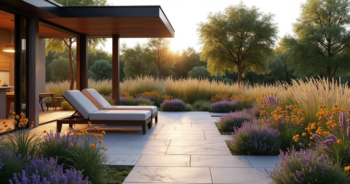 Contemporary patio surrounded by bee and butterfly plants 