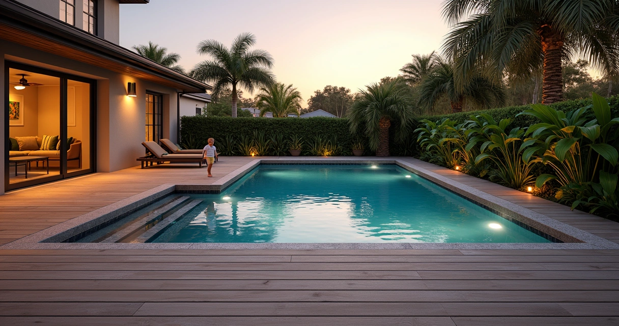 Modern pool deck with wood-plastic composite and integrated lighting 