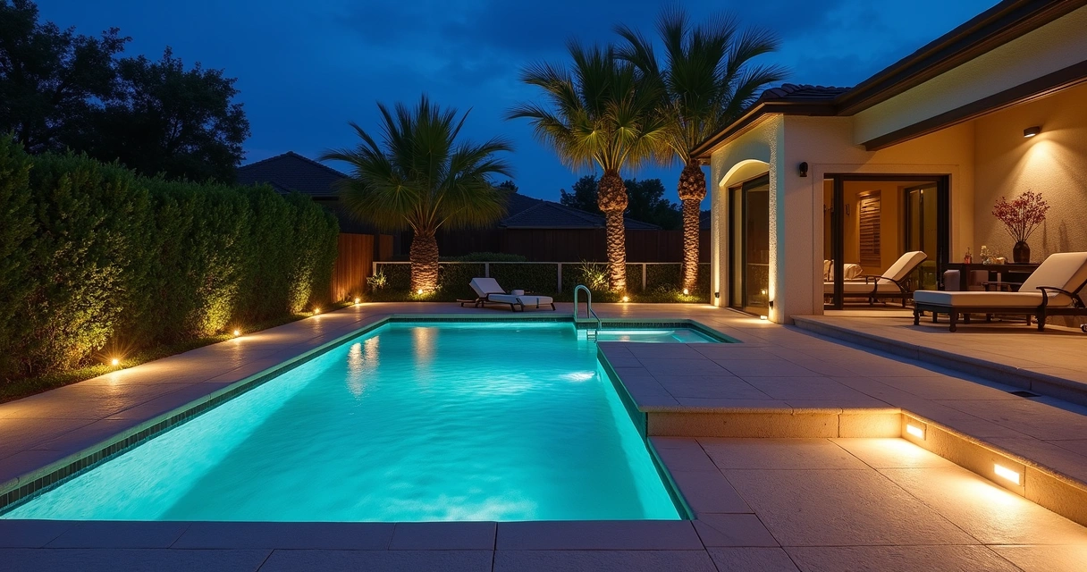 Modern poolside patio at night with slip-resistant textured finish and outdoor lighting 