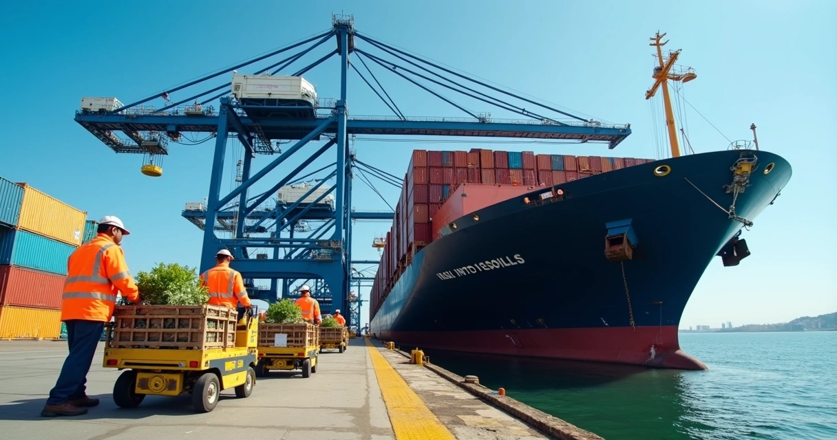 Container ship receiving supplies at port with workers unloading boxes 