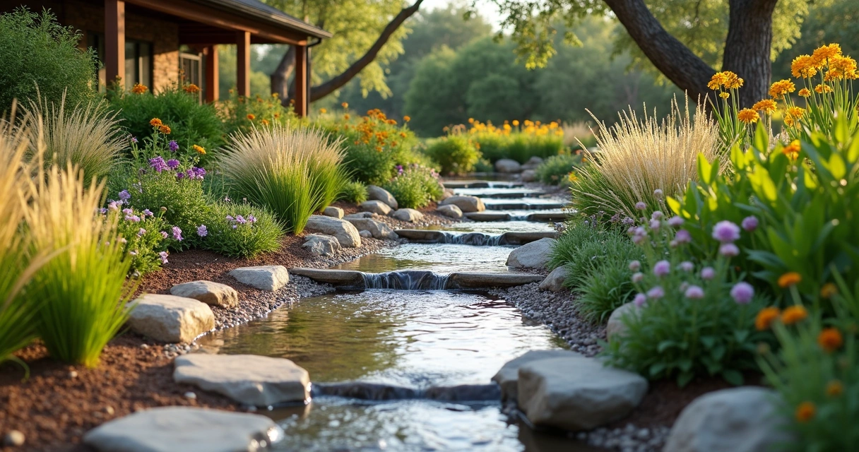 Modern residential rain garden with native Texas plants, curved stone borders, and wet stepping stones. 