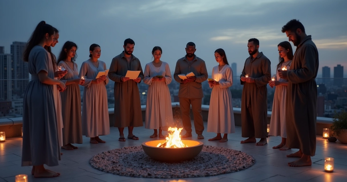Diverse group standing in a circle around small fire on urban rooftop at dusk 
