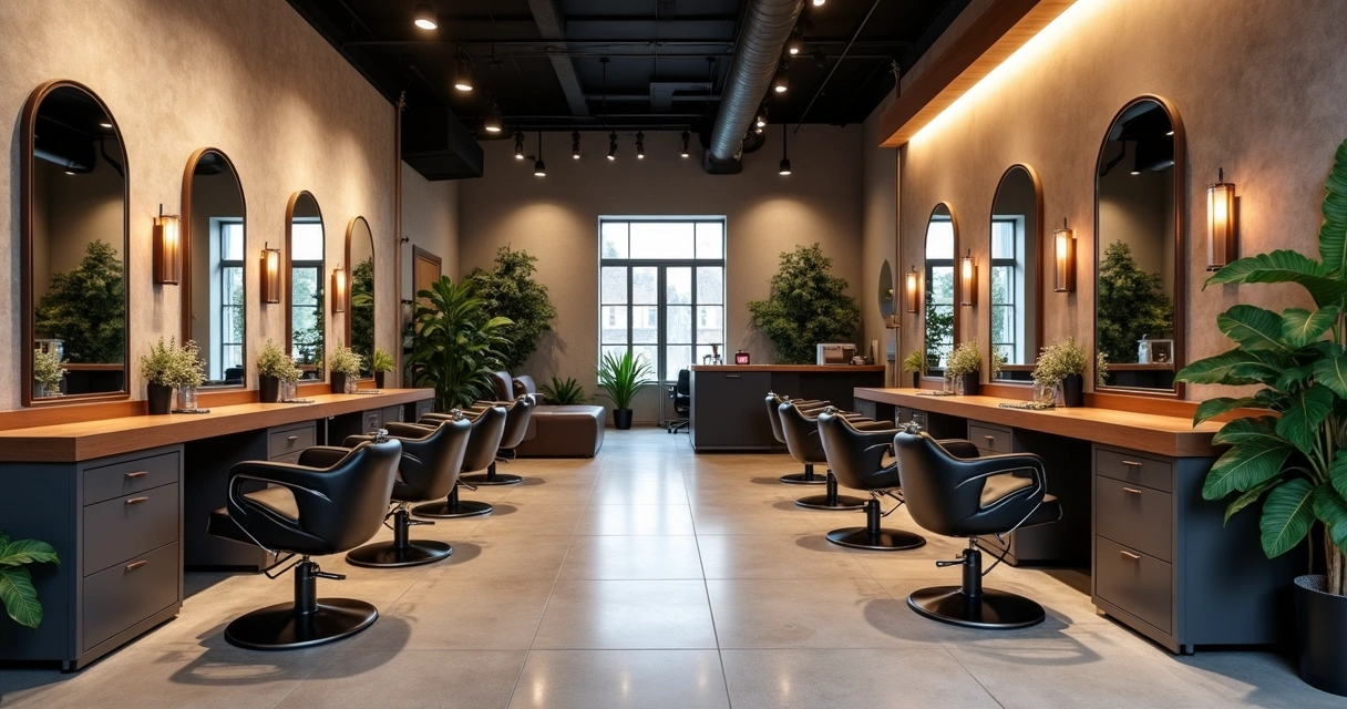 Modern salon waiting area with warm lighting and clean design 